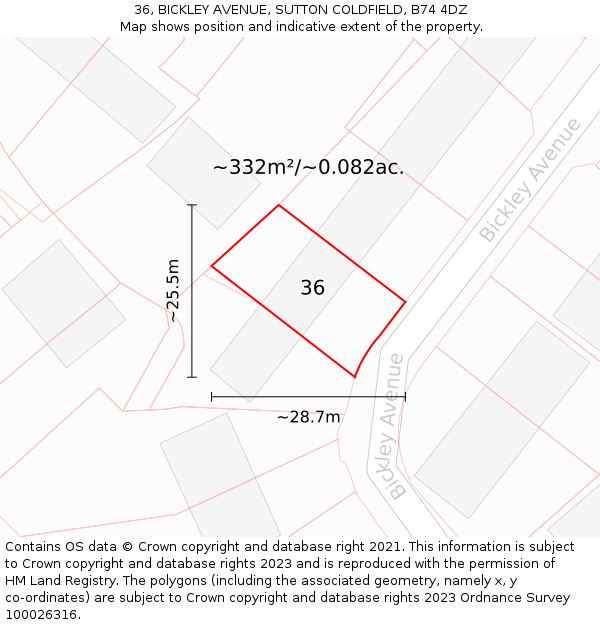 36, BICKLEY AVENUE, SUTTON COLDFIELD, B74 4DZ: Plot and title map