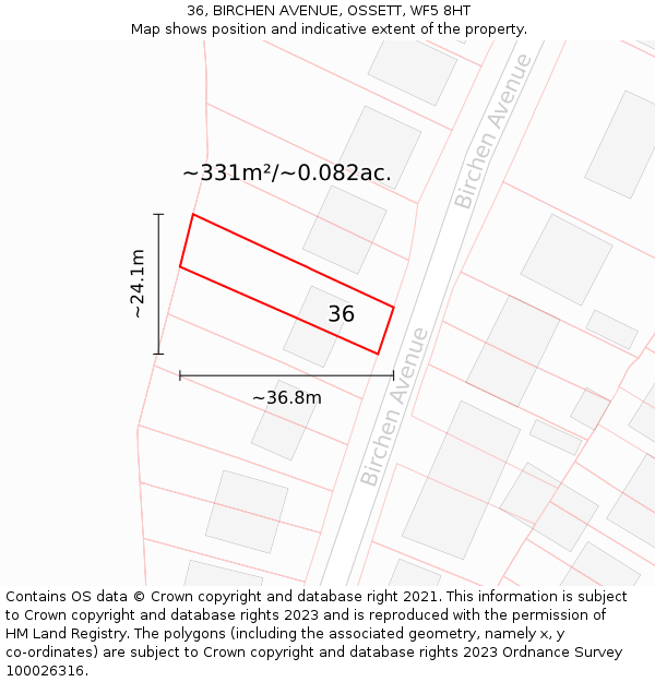 36, BIRCHEN AVENUE, OSSETT, WF5 8HT: Plot and title map