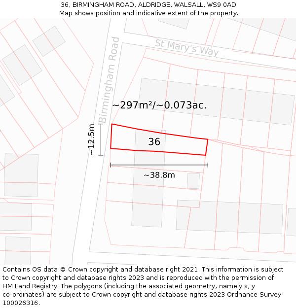 36, BIRMINGHAM ROAD, ALDRIDGE, WALSALL, WS9 0AD: Plot and title map