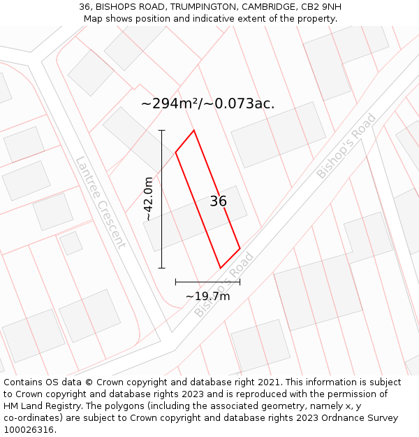 36, BISHOPS ROAD, TRUMPINGTON, CAMBRIDGE, CB2 9NH: Plot and title map