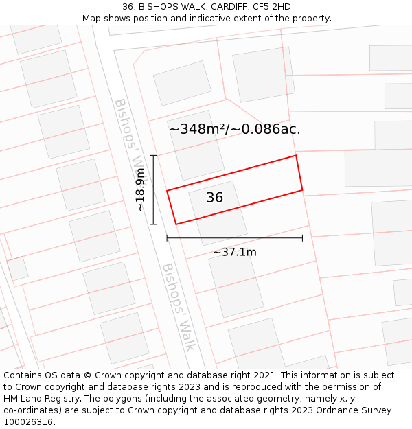 36, BISHOPS WALK, CARDIFF, CF5 2HD: Plot and title map