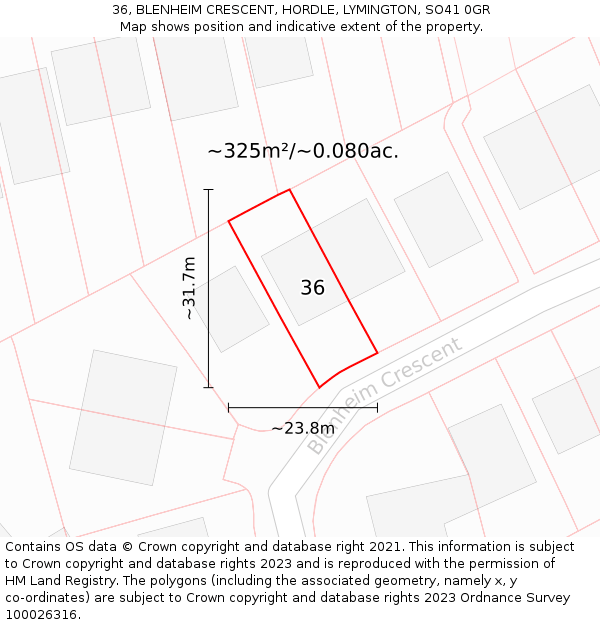 36, BLENHEIM CRESCENT, HORDLE, LYMINGTON, SO41 0GR: Plot and title map