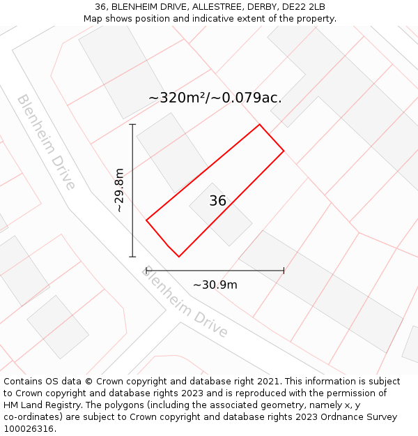 36, BLENHEIM DRIVE, ALLESTREE, DERBY, DE22 2LB: Plot and title map