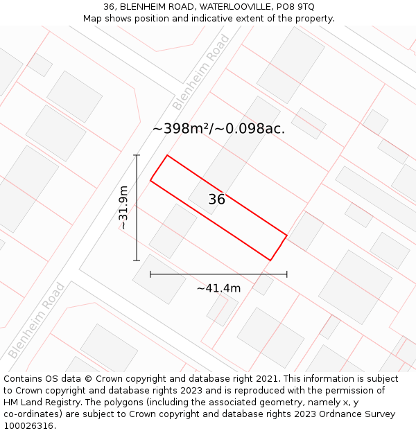 36, BLENHEIM ROAD, WATERLOOVILLE, PO8 9TQ: Plot and title map