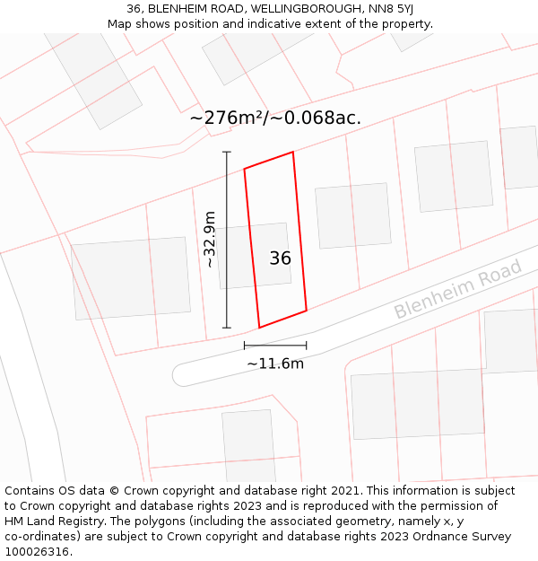 36, BLENHEIM ROAD, WELLINGBOROUGH, NN8 5YJ: Plot and title map