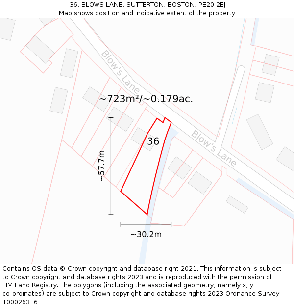 36, BLOWS LANE, SUTTERTON, BOSTON, PE20 2EJ: Plot and title map