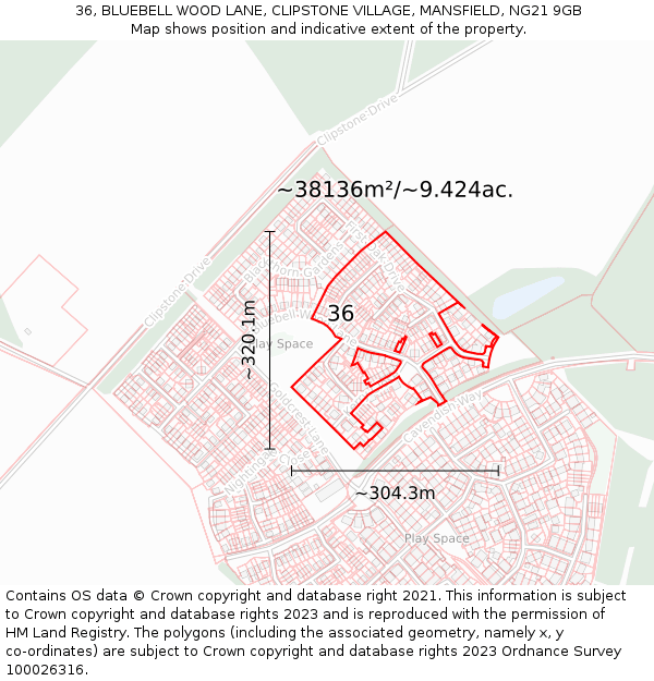 36, BLUEBELL WOOD LANE, CLIPSTONE VILLAGE, MANSFIELD, NG21 9GB: Plot and title map