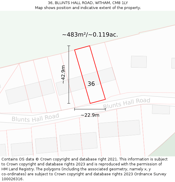 36, BLUNTS HALL ROAD, WITHAM, CM8 1LY: Plot and title map