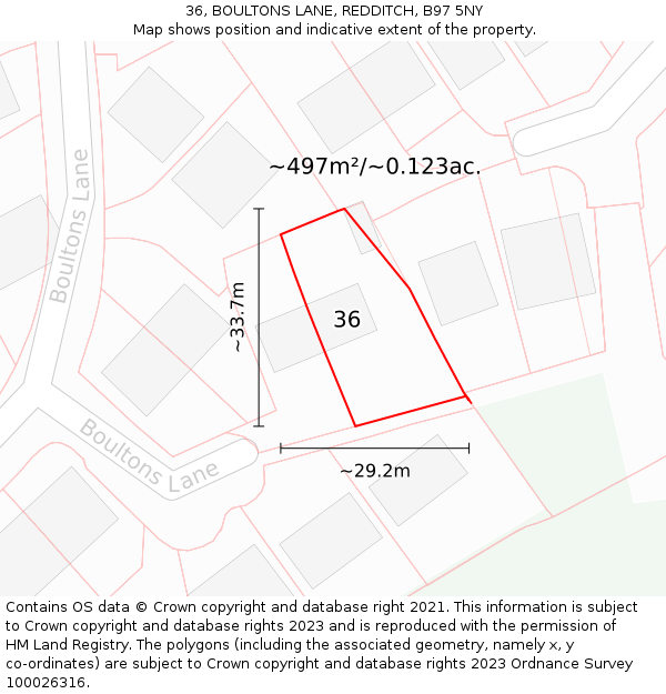 36, BOULTONS LANE, REDDITCH, B97 5NY: Plot and title map