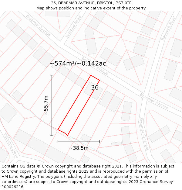 36, BRAEMAR AVENUE, BRISTOL, BS7 0TE: Plot and title map