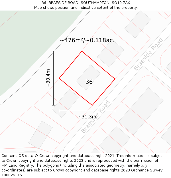 36, BRAESIDE ROAD, SOUTHAMPTON, SO19 7AX: Plot and title map