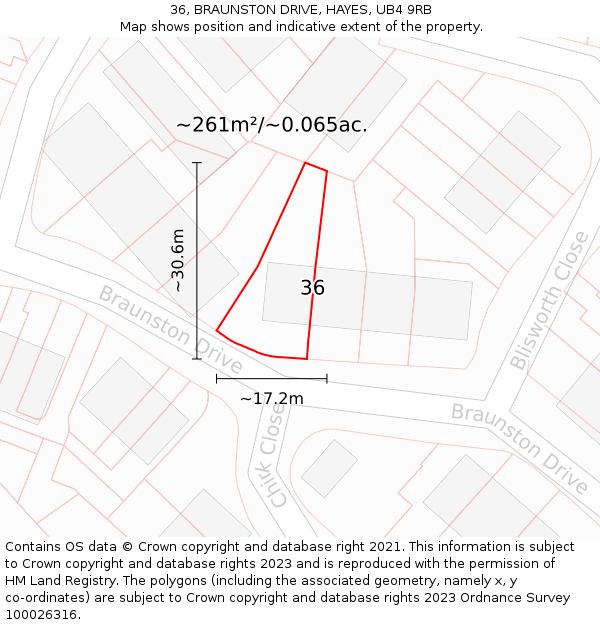 36, BRAUNSTON DRIVE, HAYES, UB4 9RB: Plot and title map