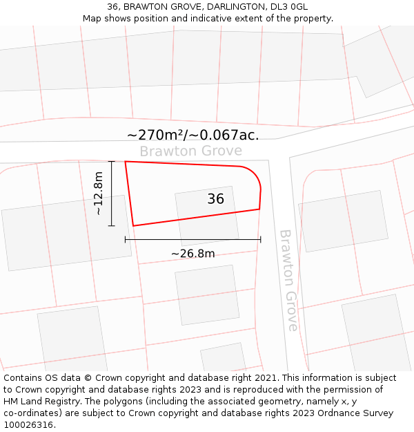 36, BRAWTON GROVE, DARLINGTON, DL3 0GL: Plot and title map