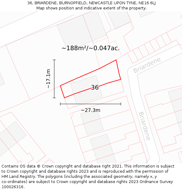 36, BRIARDENE, BURNOPFIELD, NEWCASTLE UPON TYNE, NE16 6LJ: Plot and title map