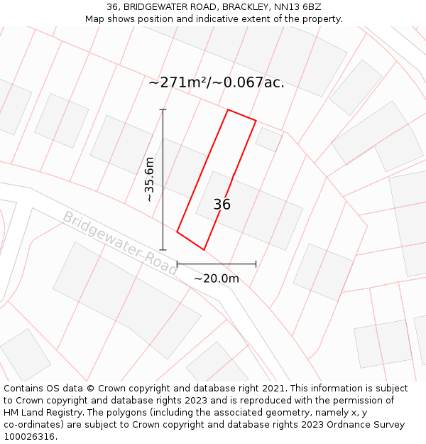 36, BRIDGEWATER ROAD, BRACKLEY, NN13 6BZ: Plot and title map