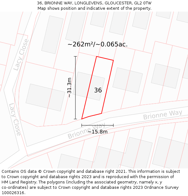 36, BRIONNE WAY, LONGLEVENS, GLOUCESTER, GL2 0TW: Plot and title map