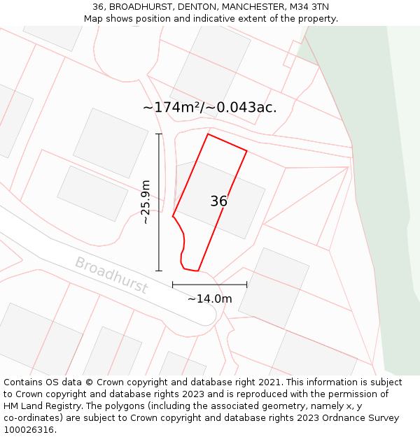 36, BROADHURST, DENTON, MANCHESTER, M34 3TN: Plot and title map