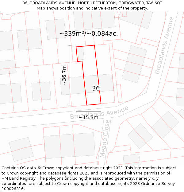 36, BROADLANDS AVENUE, NORTH PETHERTON, BRIDGWATER, TA6 6QT: Plot and title map