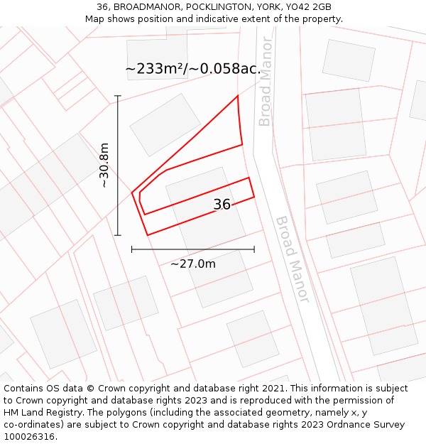 36, BROADMANOR, POCKLINGTON, YORK, YO42 2GB: Plot and title map