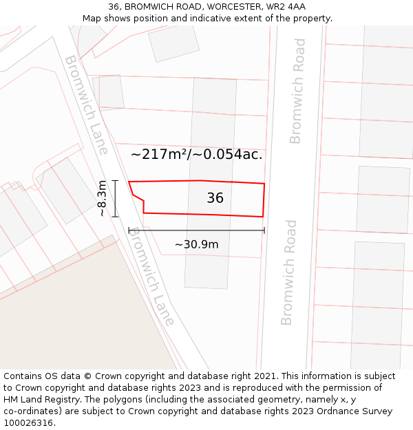 36, BROMWICH ROAD, WORCESTER, WR2 4AA: Plot and title map