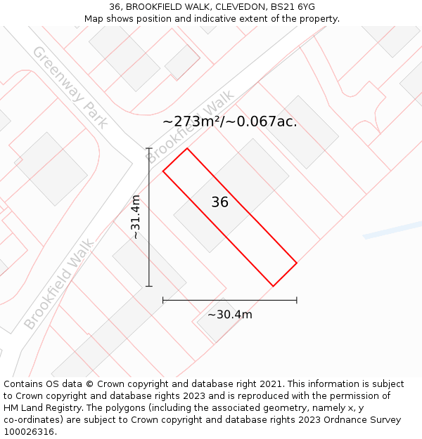 36, BROOKFIELD WALK, CLEVEDON, BS21 6YG: Plot and title map