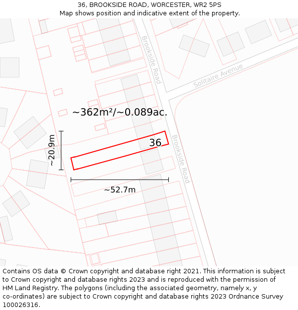 36, BROOKSIDE ROAD, WORCESTER, WR2 5PS: Plot and title map