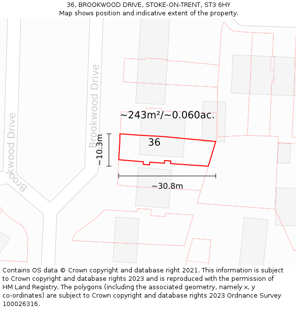 36, BROOKWOOD DRIVE, STOKE-ON-TRENT, ST3 6HY: Plot and title map