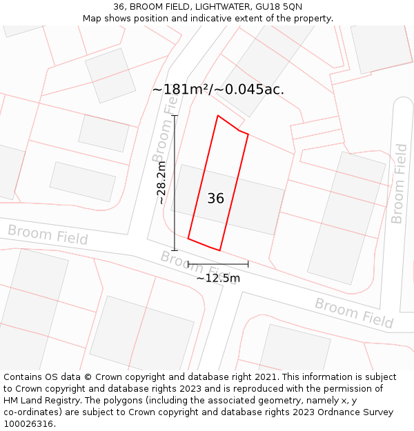 36, BROOM FIELD, LIGHTWATER, GU18 5QN: Plot and title map