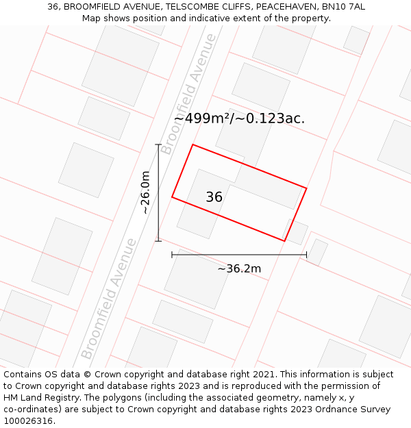 36, BROOMFIELD AVENUE, TELSCOMBE CLIFFS, PEACEHAVEN, BN10 7AL: Plot and title map