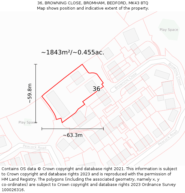 36, BROWNING CLOSE, BROMHAM, BEDFORD, MK43 8TQ: Plot and title map