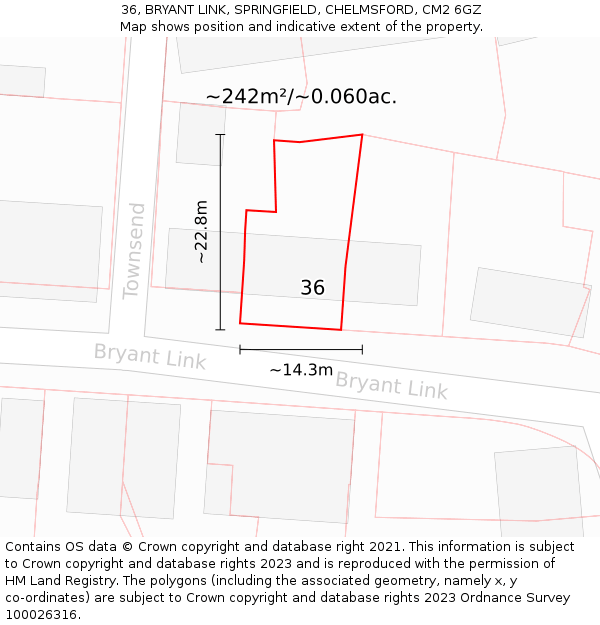 36, BRYANT LINK, SPRINGFIELD, CHELMSFORD, CM2 6GZ: Plot and title map