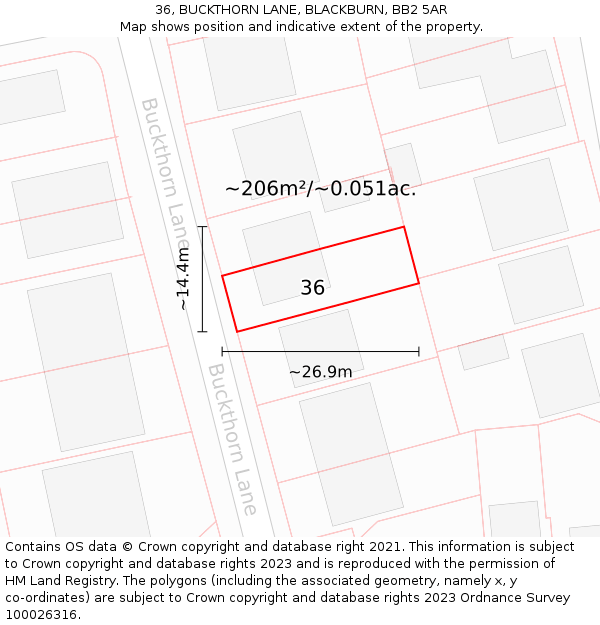 36, BUCKTHORN LANE, BLACKBURN, BB2 5AR: Plot and title map