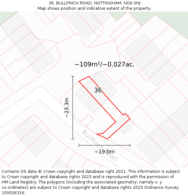 36, BULLFINCH ROAD, NOTTINGHAM, NG6 0NJ: Plot and title map