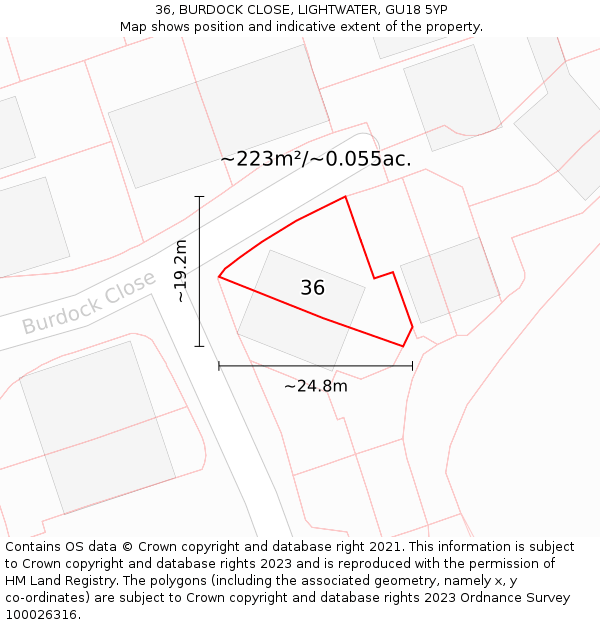 36, BURDOCK CLOSE, LIGHTWATER, GU18 5YP: Plot and title map