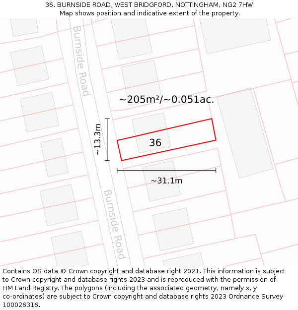 36, BURNSIDE ROAD, WEST BRIDGFORD, NOTTINGHAM, NG2 7HW: Plot and title map