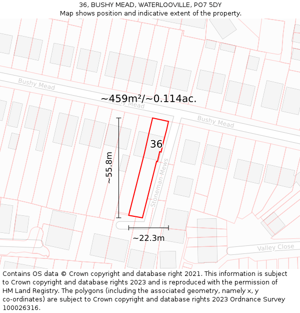 36, BUSHY MEAD, WATERLOOVILLE, PO7 5DY: Plot and title map