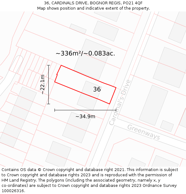 36, CARDINALS DRIVE, BOGNOR REGIS, PO21 4QF: Plot and title map