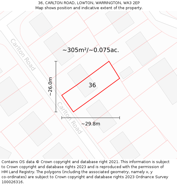 36, CARLTON ROAD, LOWTON, WARRINGTON, WA3 2EP: Plot and title map