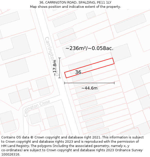 36, CARRINGTON ROAD, SPALDING, PE11 1LY: Plot and title map