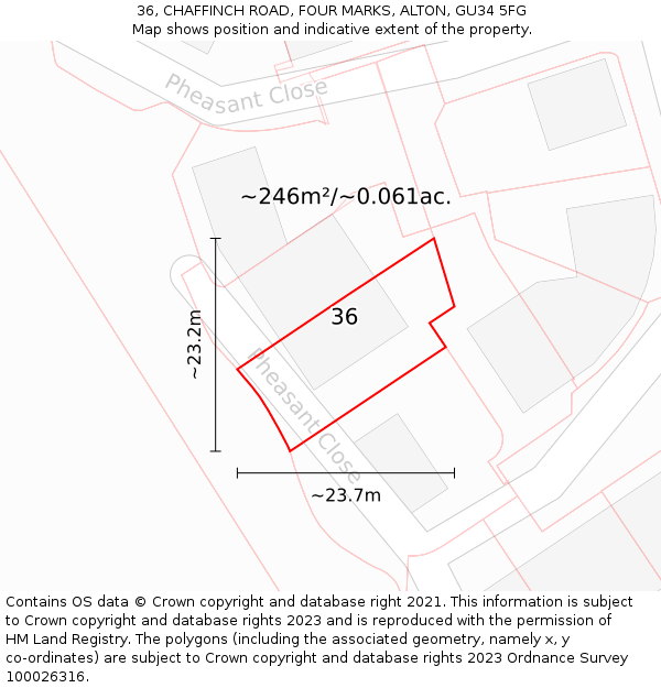 36, CHAFFINCH ROAD, FOUR MARKS, ALTON, GU34 5FG: Plot and title map