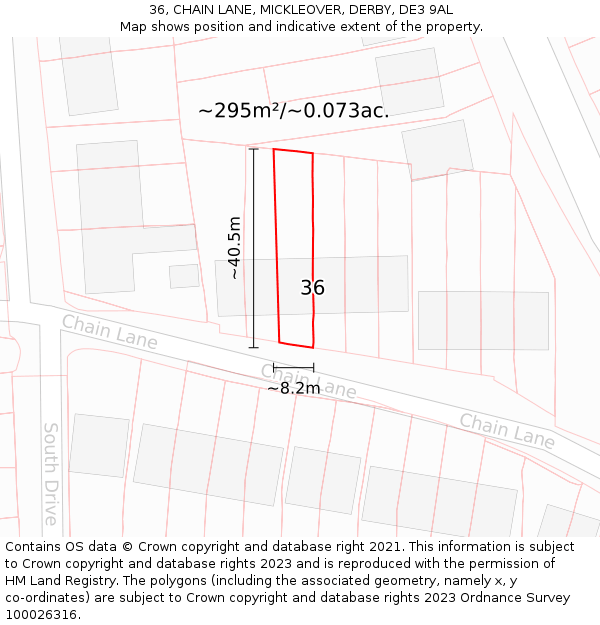 36, CHAIN LANE, MICKLEOVER, DERBY, DE3 9AL: Plot and title map