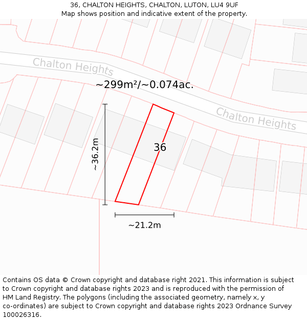 36, CHALTON HEIGHTS, CHALTON, LUTON, LU4 9UF: Plot and title map