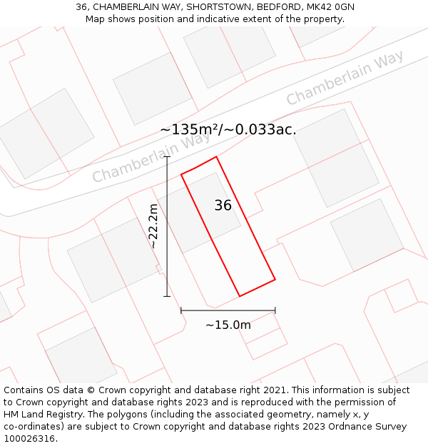 36, CHAMBERLAIN WAY, SHORTSTOWN, BEDFORD, MK42 0GN: Plot and title map