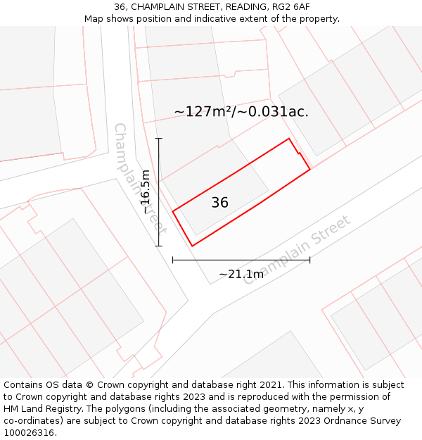 36, CHAMPLAIN STREET, READING, RG2 6AF: Plot and title map