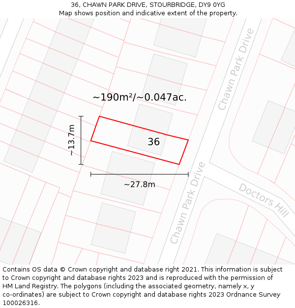 36, CHAWN PARK DRIVE, STOURBRIDGE, DY9 0YG: Plot and title map