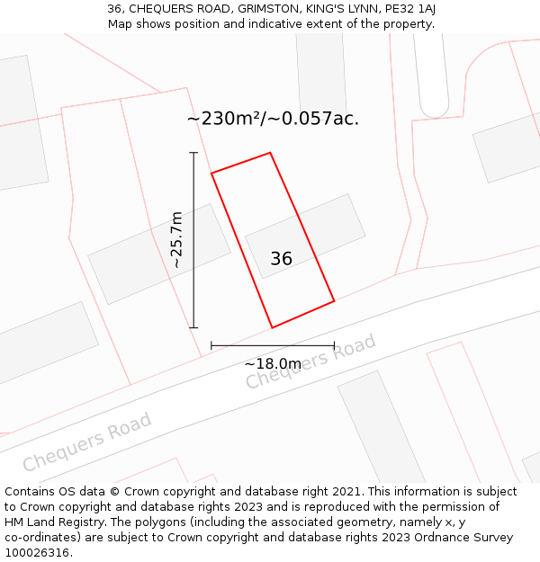 36, CHEQUERS ROAD, GRIMSTON, KING'S LYNN, PE32 1AJ: Plot and title map