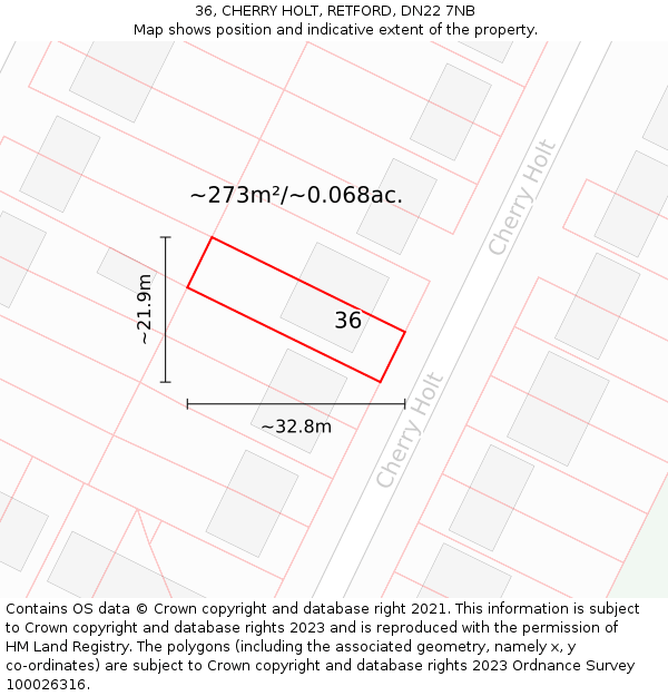 36, CHERRY HOLT, RETFORD, DN22 7NB: Plot and title map