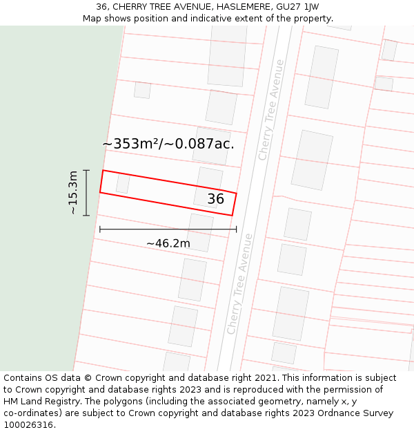 36, CHERRY TREE AVENUE, HASLEMERE, GU27 1JW: Plot and title map