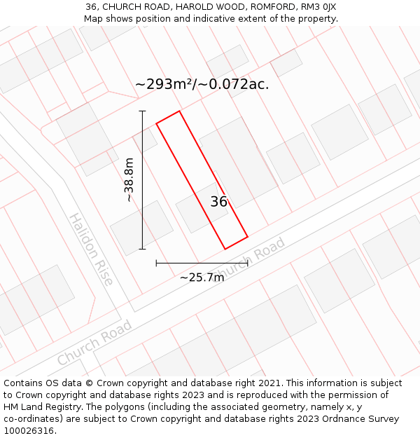 36, CHURCH ROAD, HAROLD WOOD, ROMFORD, RM3 0JX: Plot and title map