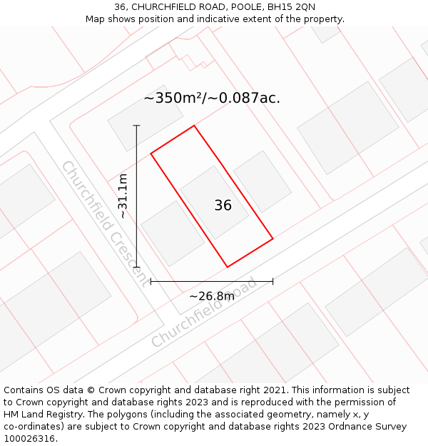 36, CHURCHFIELD ROAD, POOLE, BH15 2QN: Plot and title map